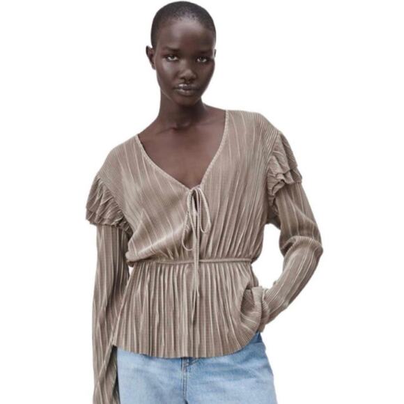 Zara Mink Beige Crinkle Fabric Ruffle Shoulder Top - Picture 1 of 9